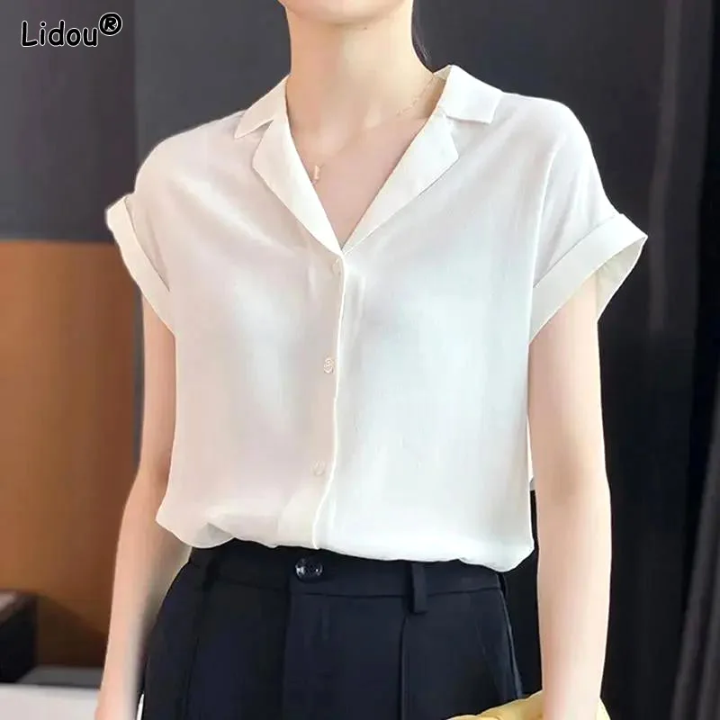 Summer Loose Thin Women\'s Clothing 2023 Solid Color Short Sleeve Button T-Shirts V-neck Office Lady Fashion Tops Temperament