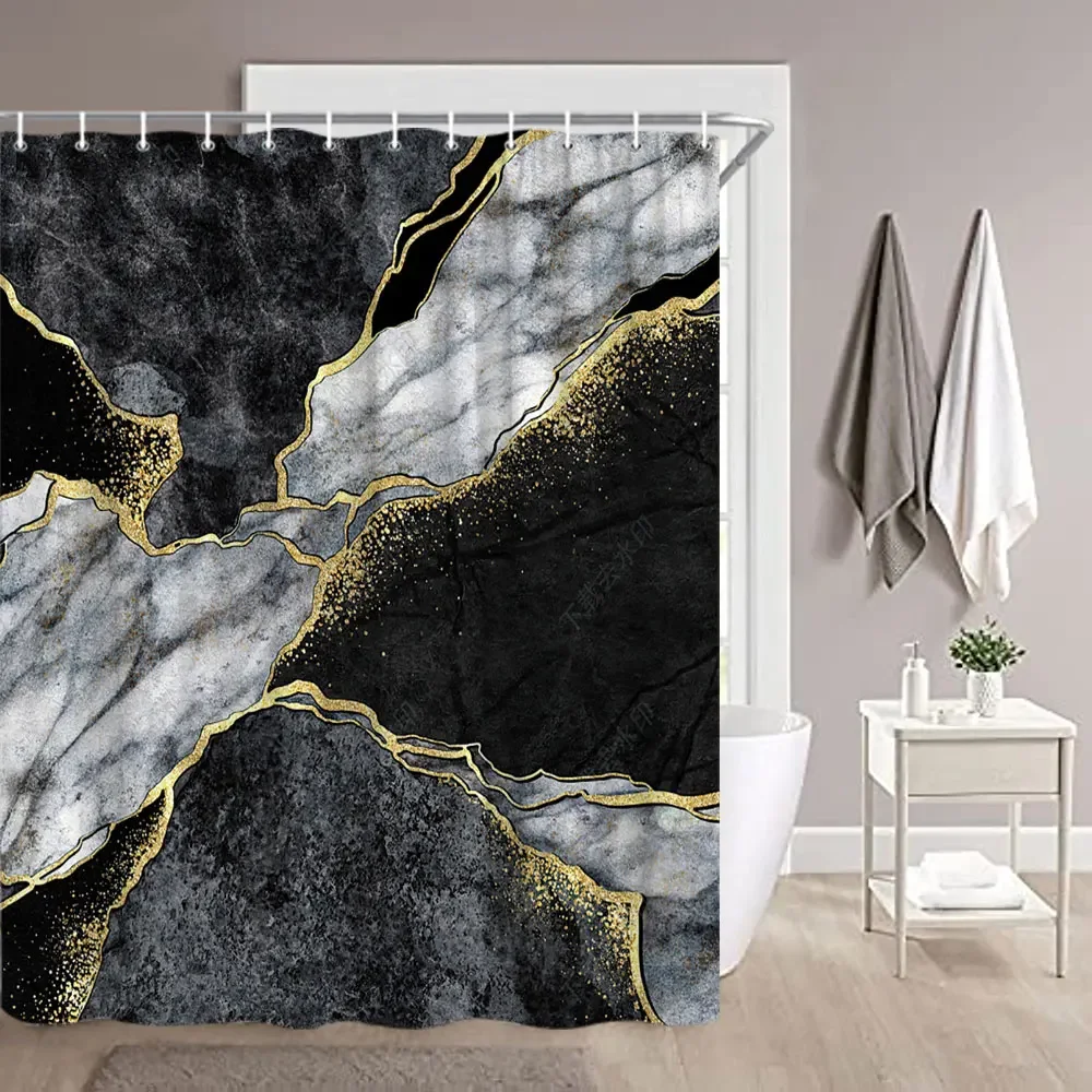 Black Gold Marble Shower Curtain Black Golden Cracked Lines Abstract Modern Washable Polyester Shower Curtains Bathroom Decor