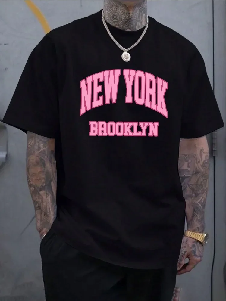 Men Summer Cotton Short Sleeve T Shirt Pink New York Brooklyn Varsity Letter Print Crew Neck Retro City Street Casual Male Tee