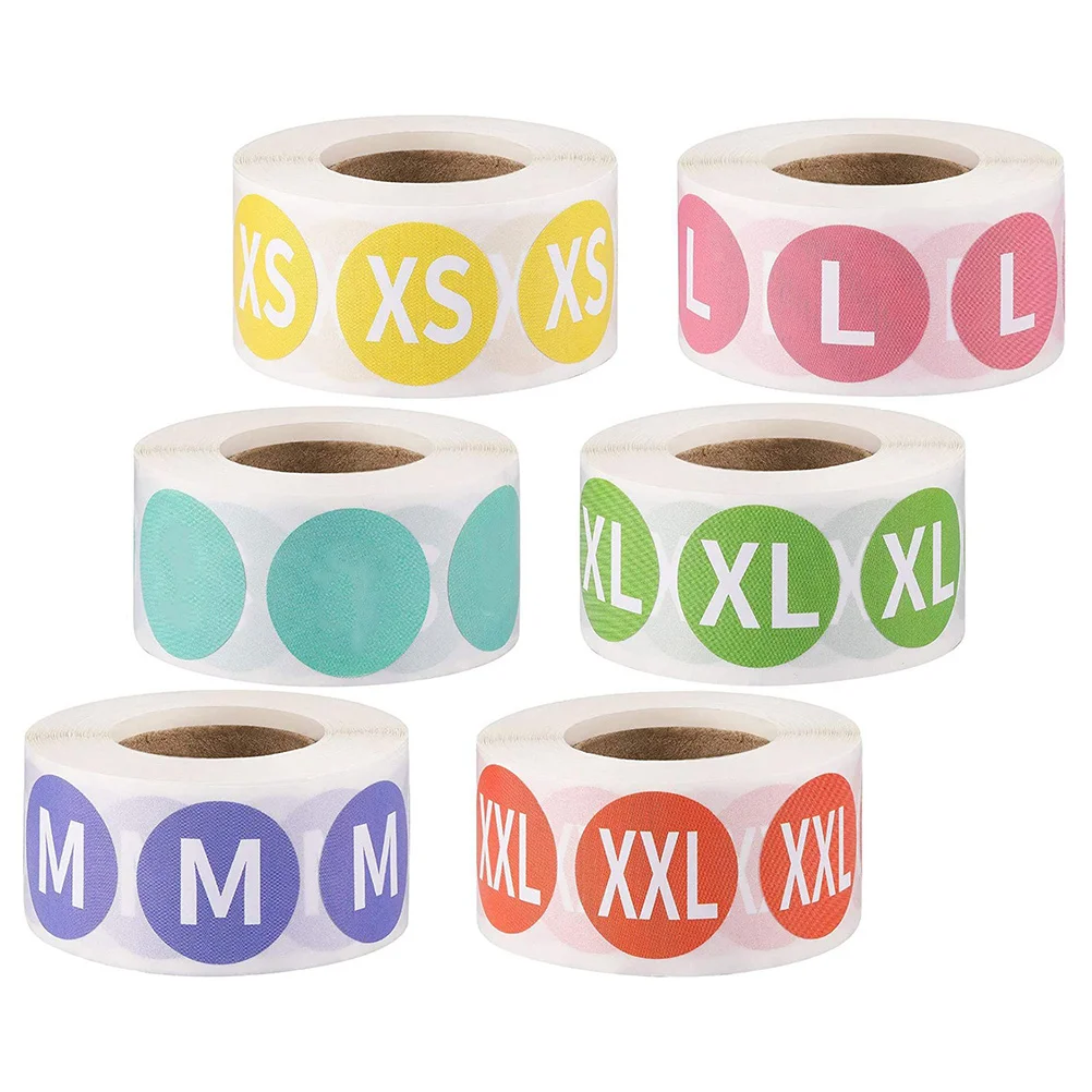 

6 Rolls Round Adhesive Size Labels Clothes Size Stickers Self Stick for Clothing Retail Classification Clothes Label Sticker