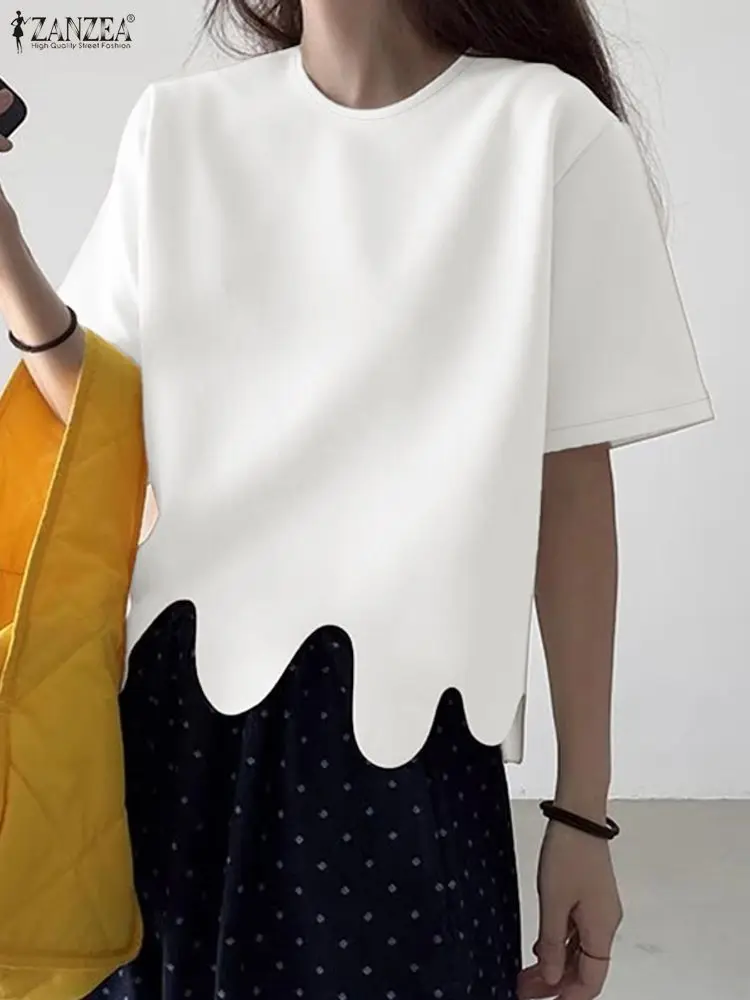 2025 Stylish Summer Blouse ZANZEA Women O Neck Short Sleeve Tops Elegant OL Work Shirt Solid Mujer Female Irregular Hem Blusas