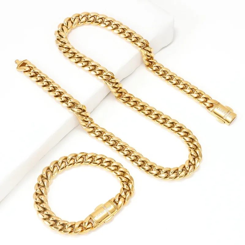 12MM Gold Miami Cuban Link Chain Men's Hip Hop Bracelet Necklace with Quick Release Clasp & Diamond Cross Charm
