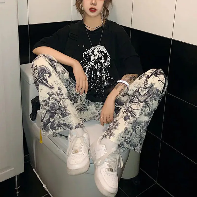 Hara j u-style personalized printed loose straight-leg pants wide-leg pants style street style loose print loose dark style