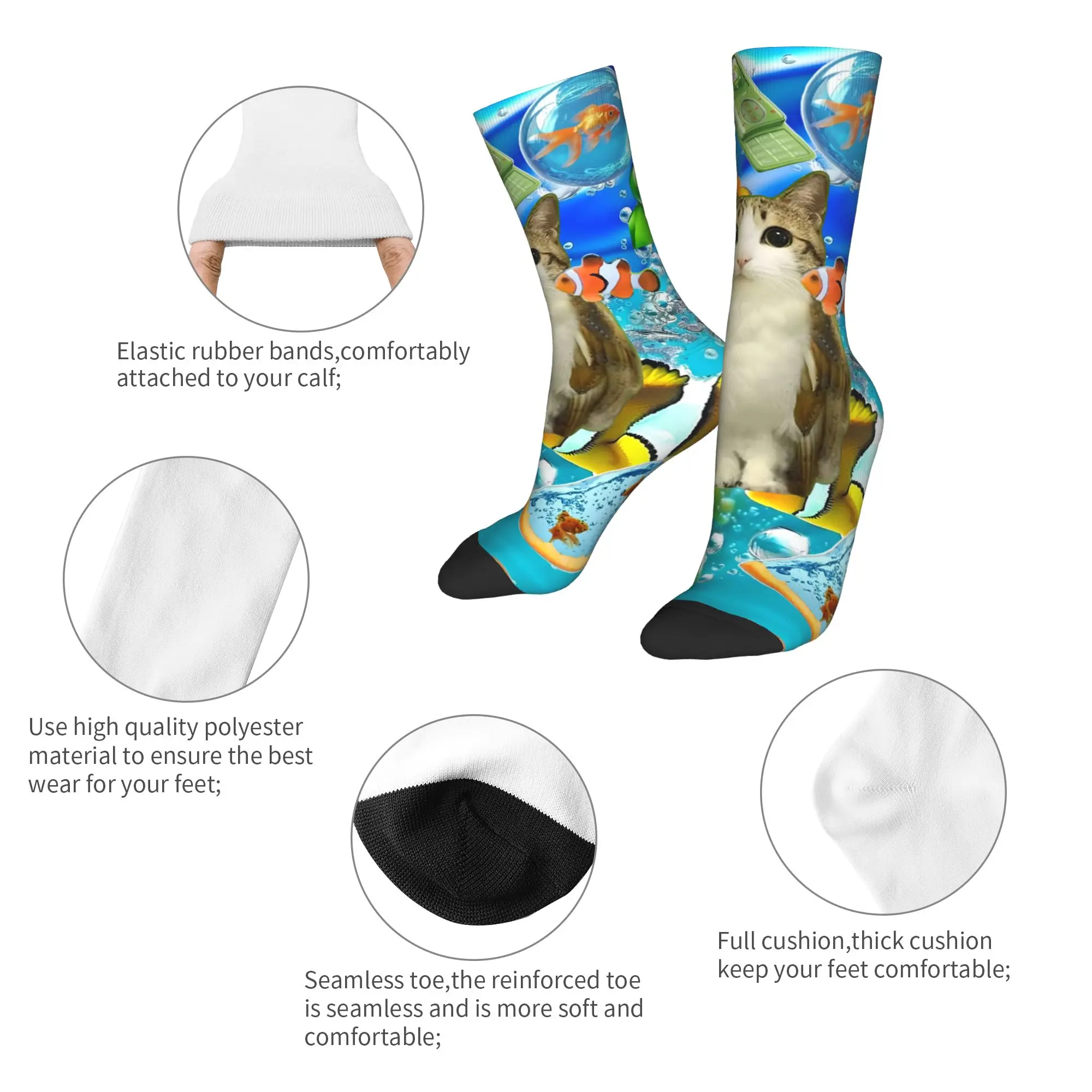 Cool Frutiger Aero Cat Fish Football Socks Meowl Polyester Long Socks for Women Men Breathable