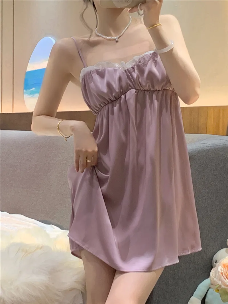 

Summer Sweet Solid Color Court Style Sexy Pure Desire To Halter Ice Silk Nightdress Home Dress Pajamas Lady