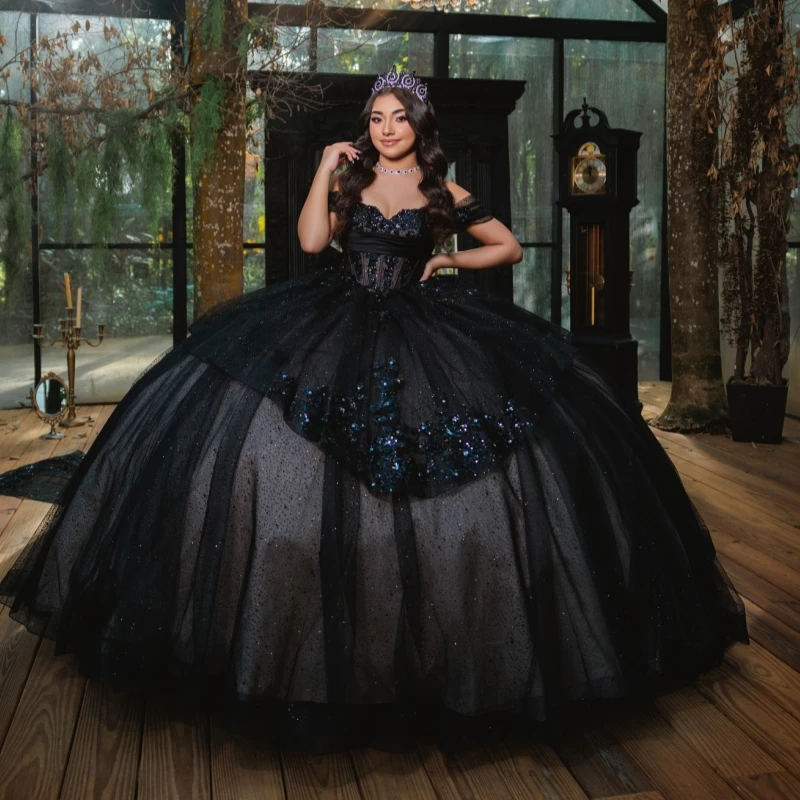 

Black Shiny Quinceanera Dresses Off The Shoulder Applique Lace Beading Bow Tull Corset Party Birthday Sweet 16 Dress Vestidos 15