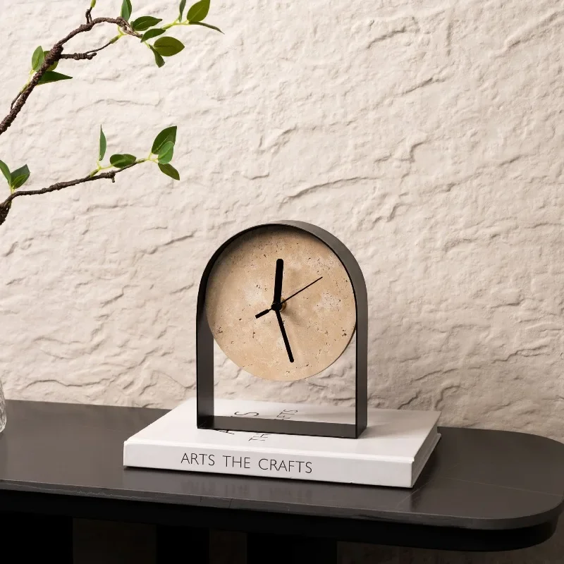 Marble Numberless Arch Table Clocks Simple Living Room Cave Stone Clocks Ornament Metal Pointer Artistic Home Decor JJ661