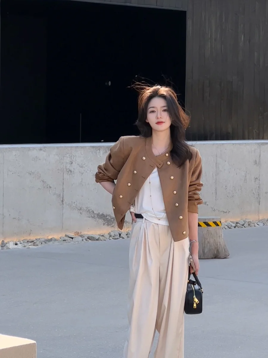 

Женский пиджак Linziqiu с воротником-стойкой, двойной застежкой на пуговицы, из искусственной замши, весенний, повседневный, для офиса, стильный...