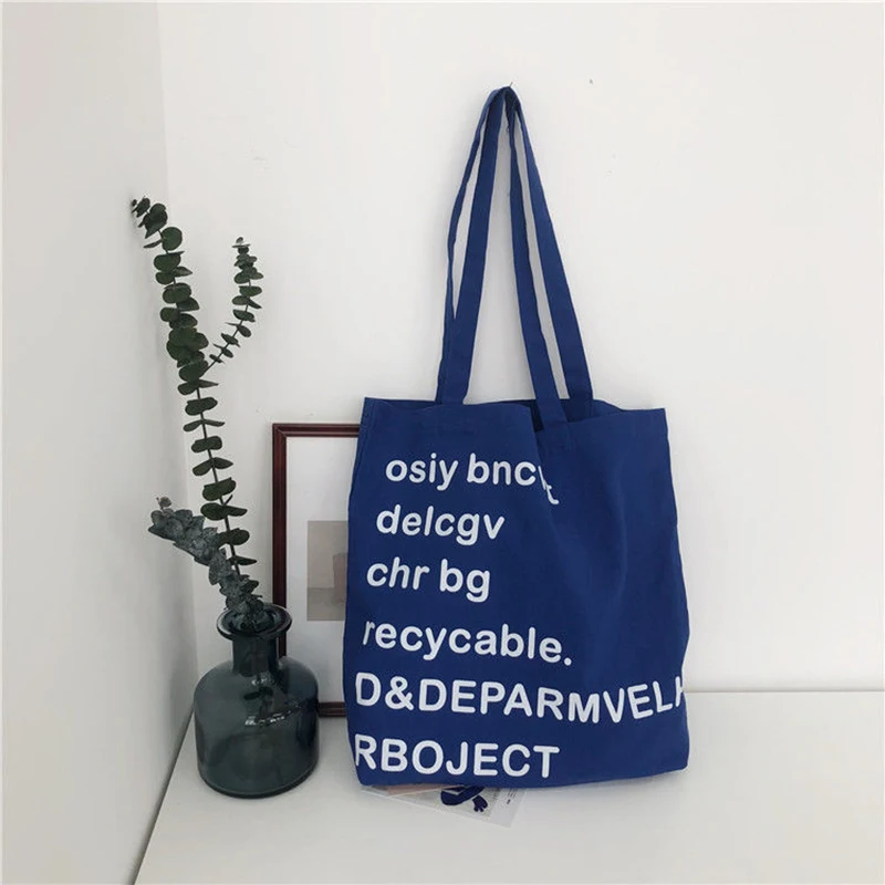 Bolso de lona para mujer, bolsa de mano con letras azules, informal, de gran capacidad, reutilizable