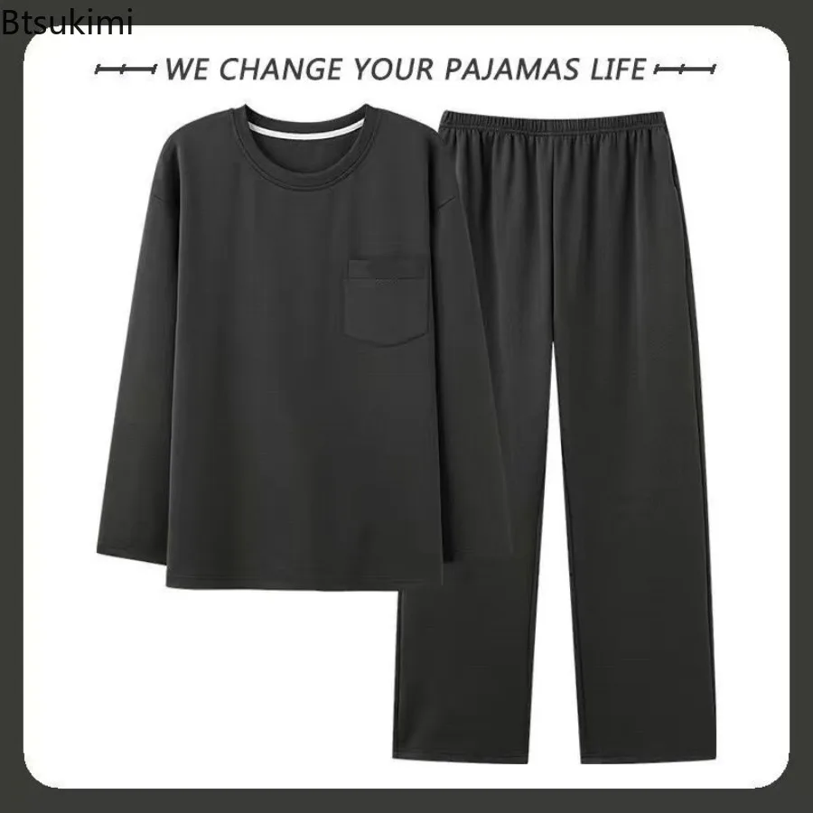 

2025 New Men's Long Sleeve Trousers Pajama Sets Soft Comfortable Solid Casual Home Two Pieces Lounge Sleepwear Suit Male Pijamas