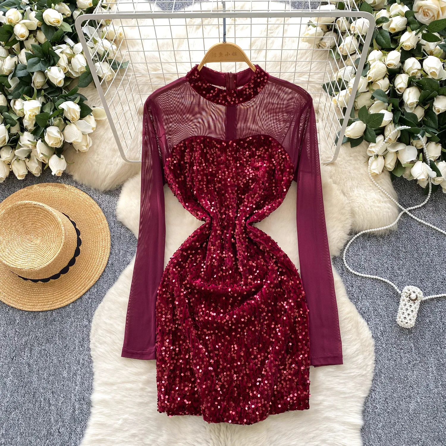 

Sequin Women Fitted Dresses Solid Mesh Short Dress Mini Lenth Long Sleeve Party Cinch Zip Slim Club Sexy Elegant 2025 Summer