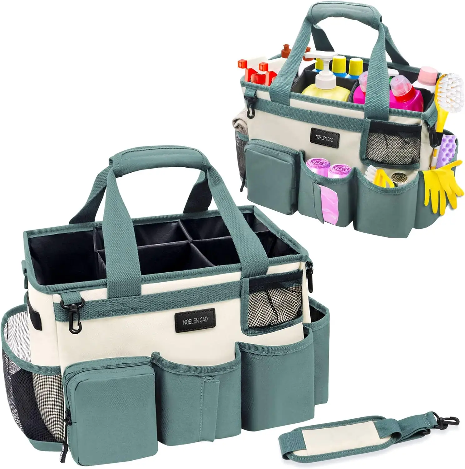 

Large Wearable Cleaning Caddy Bag with Adjustable Straps, Green White, Organizer for Supplies