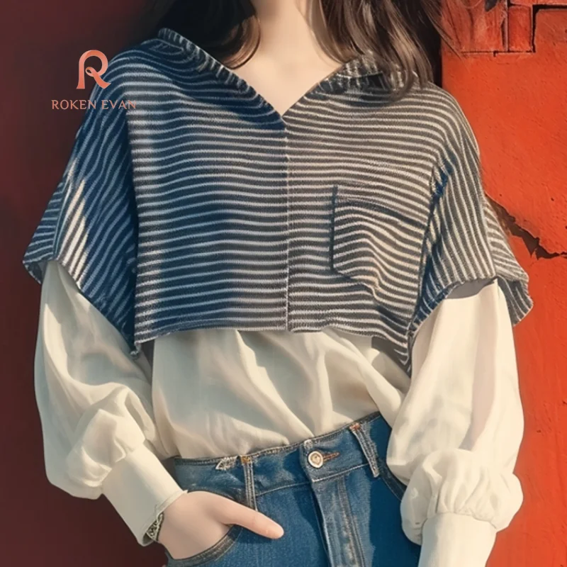 CORNER EVAN 2024 Popular top Korean style relaxed lazy wind fake two pieces of combination hoodie after hoodie woman