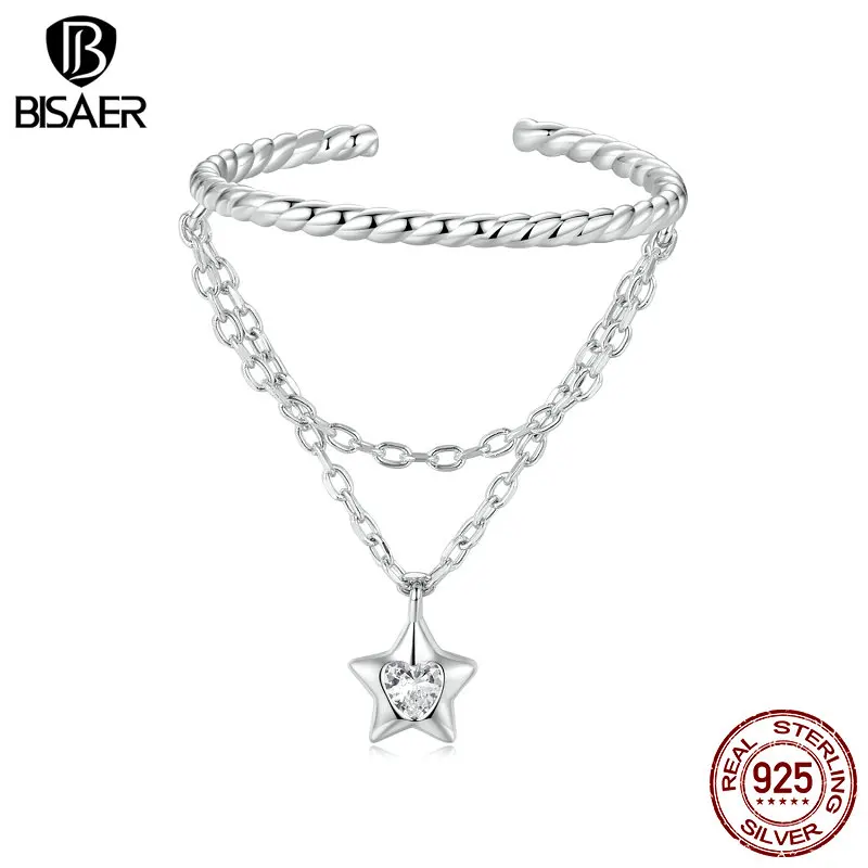 BISAER 925 Sterling Silver Dancing Star Open Ring Multi-layer Band Adjustable Plated White Gold for Women Party Fine Jewelry