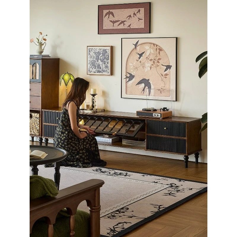 Ash wood roller shutter audio-visual cabinet, French solid wood retro living room high-end storage locker