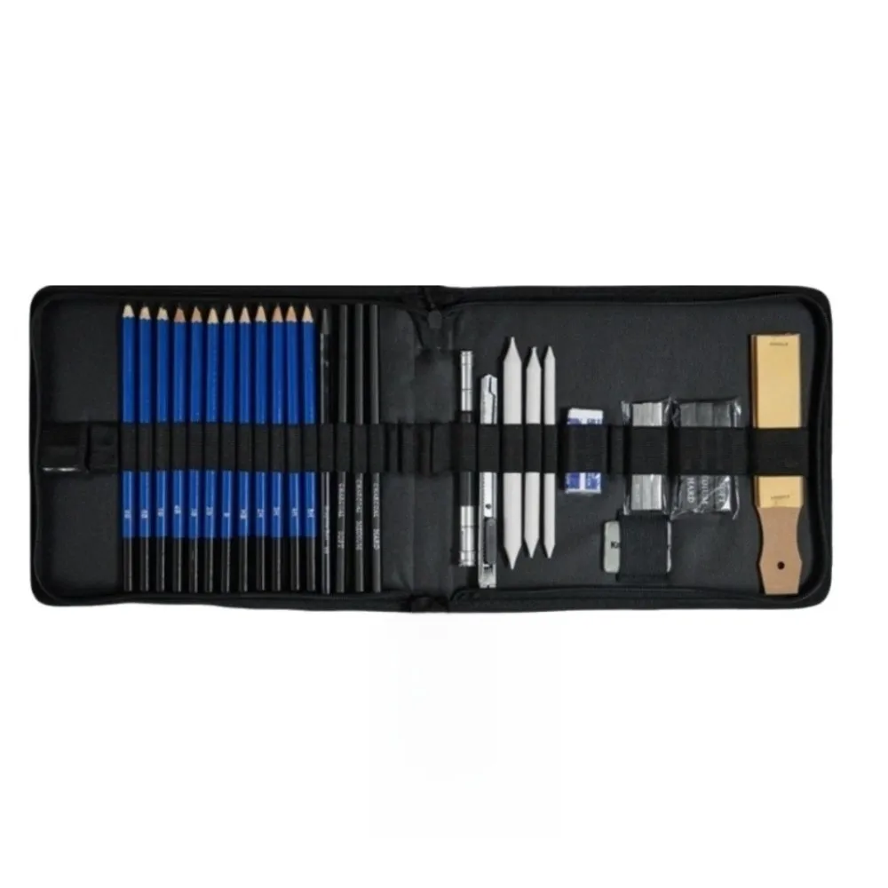 32Pcs 14B–5H Drawing Pencils Set Black Roll-Up Nylon Case Art Supplies Set 9.45*8.07*1.18in With Carry Bag Pencils Set