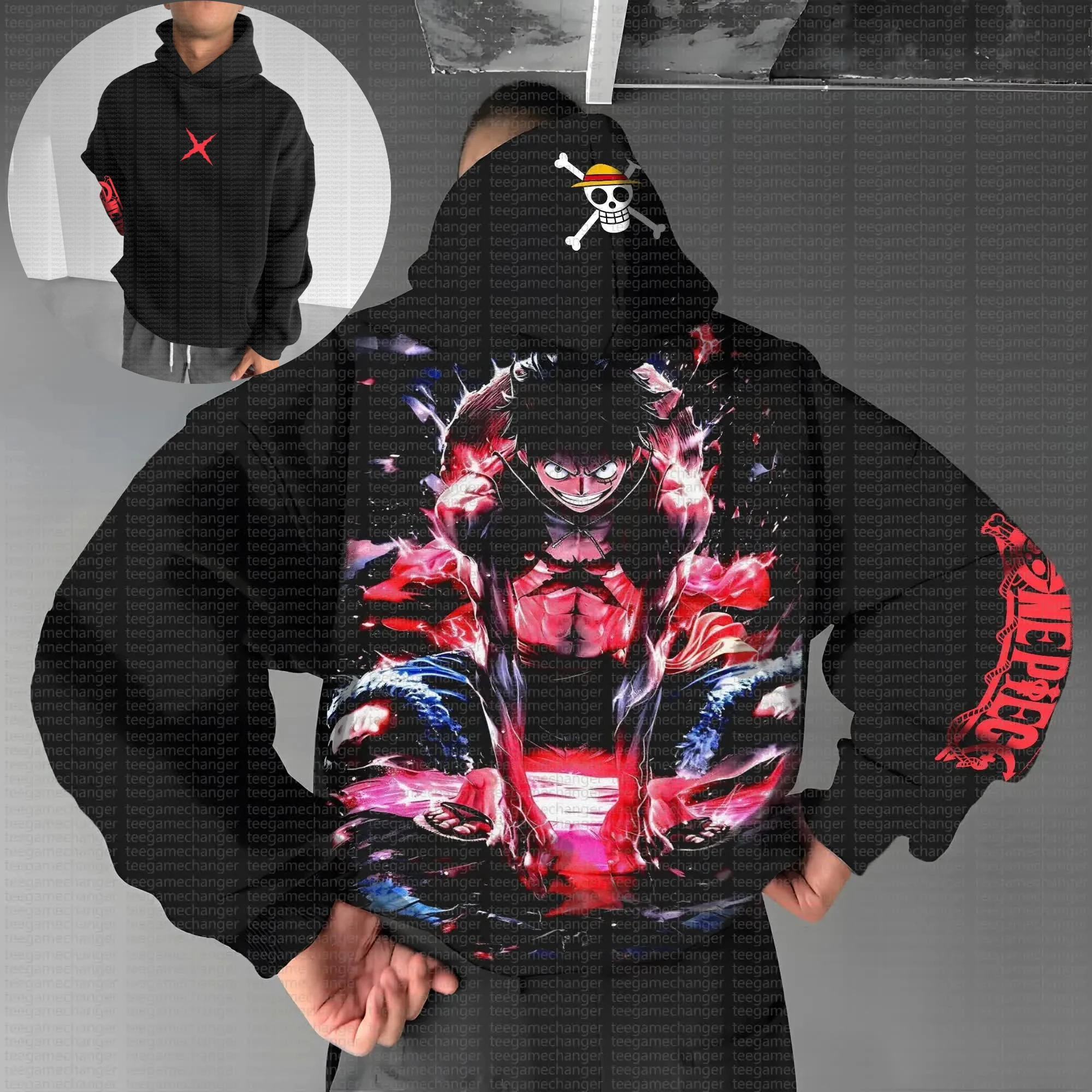 

One Piece Official Logo Sleeve Print Hoodie Men Red Cotton Casual Long Sleeve Autumn Winter Streetwear Fashion Anime Graphic