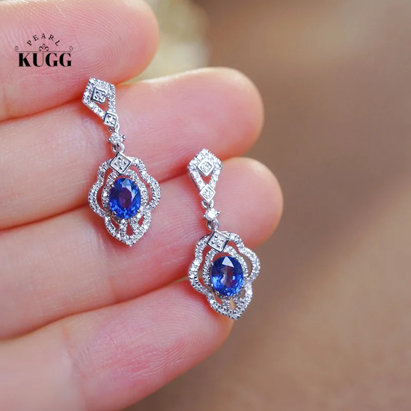 KUGG 100% 18K White Gold Earrings Vintage Flower Design Elegant Style Real Natural Diamond Natural Sapphire Earrings for Women