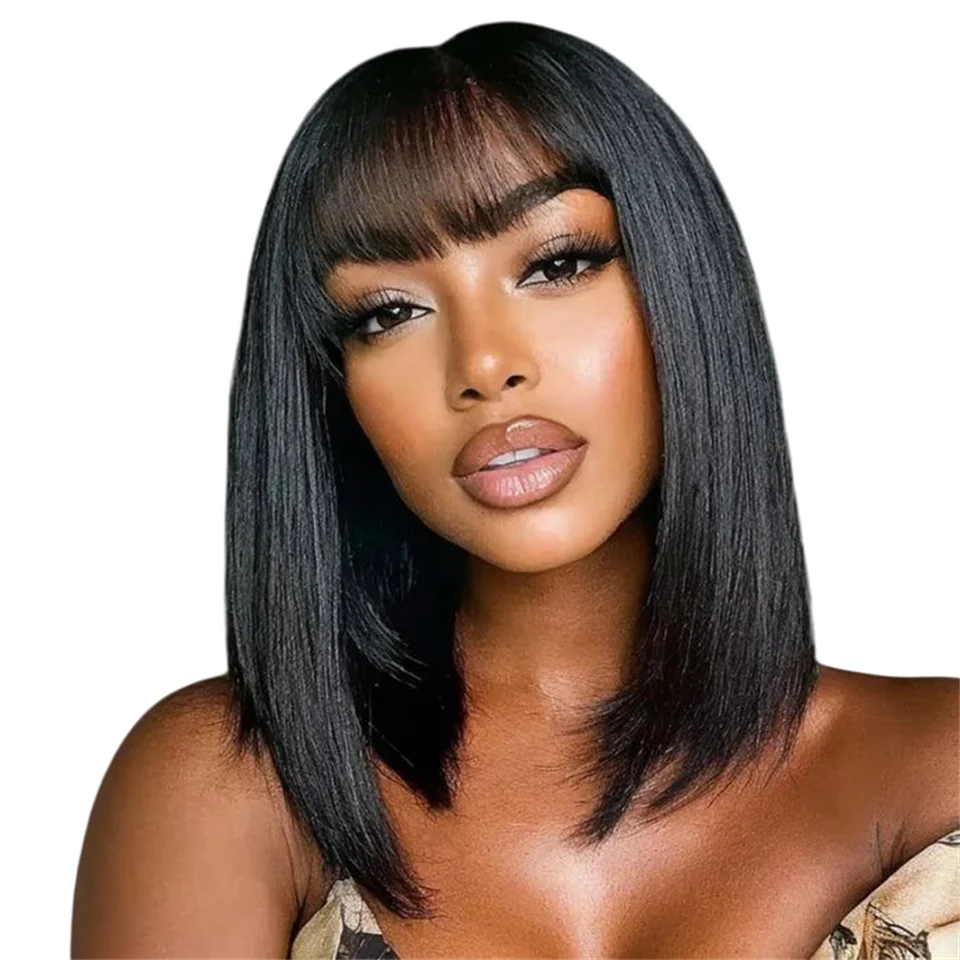 

Straight Human Hair Bob Wigs With Bangs Density180 No Glue Short Wear And Go Straight Bob Glueless Wigs Human Hair Ready To Wear
