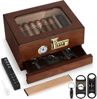 Cigar Humidor Cedar Wood Humidor Cigar Box Glass Top Desktop Humidor with Front Hygrometer Humidifier Divider Accessories Drawer