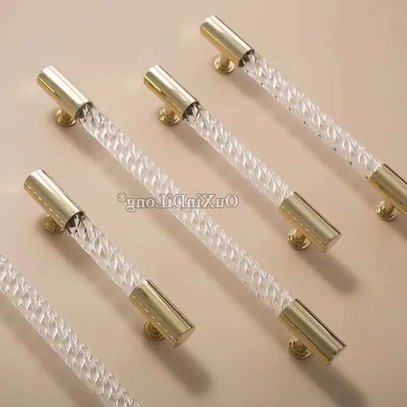 High-end 4PCS Brass+Acrylic Furniture Pulls Handles Drawer Knobs Cupboard Wardrobe Closet Shoe Dresser Cabinet Door Pulls Pens