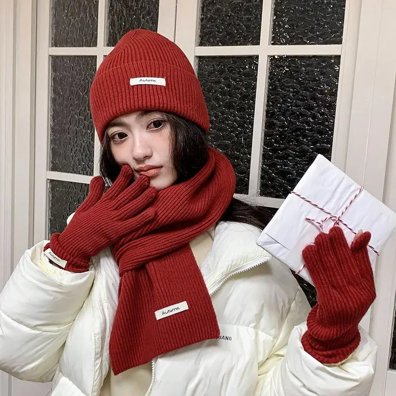 Knitted Winter Scarf Woman Solid Color Hat Scarf Gloves Women's Windproof Adult Three-piece Set Fashion Women's Scarf Hat Set