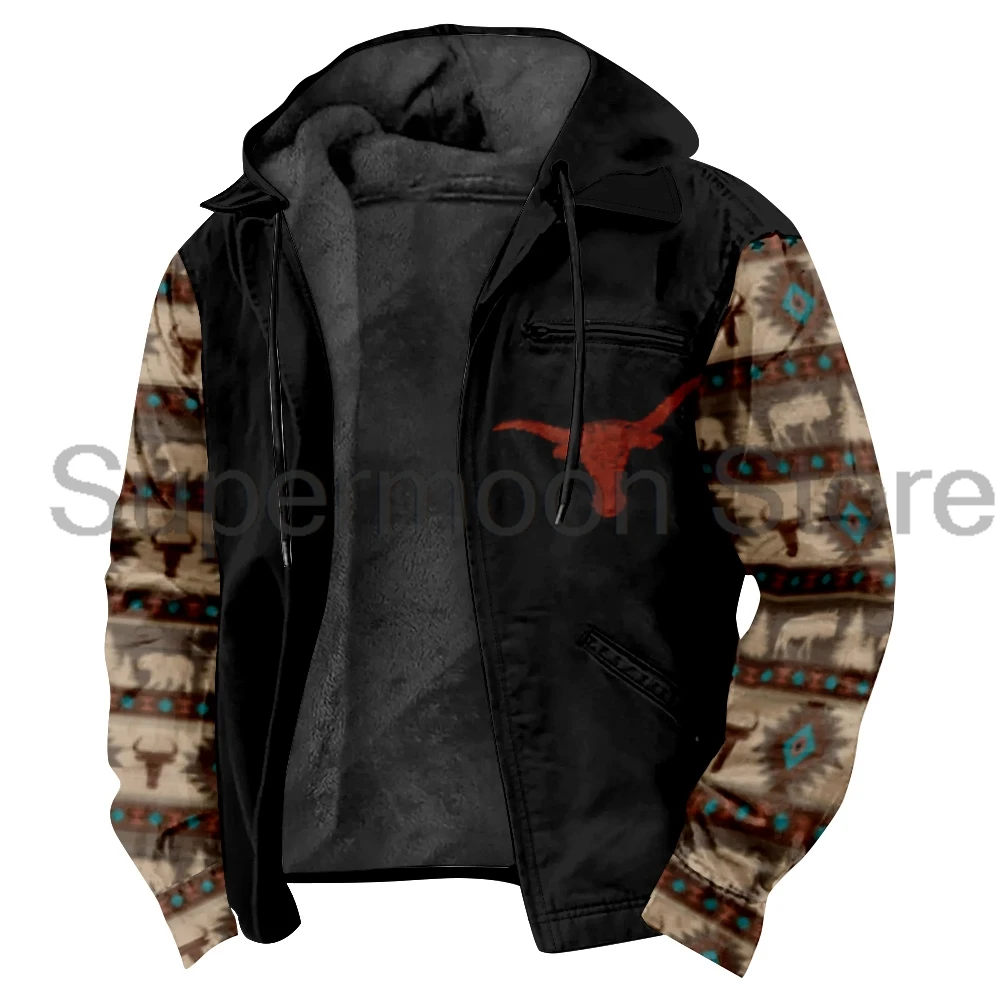 Western Buffalo Outerwear Coat Aztec Pattern Unisex Long Sleeve Zip Hoodies Women Me Winter Jacket Parkas