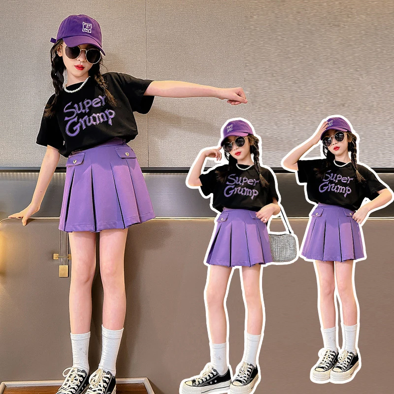 Summer Teen Girls Clothing Sets Child New Fashion Letter Tops + Skirt 2Pcs Outfits Kids Tracksuit 5 6 7 8 9 10 11 12 13 14 Years