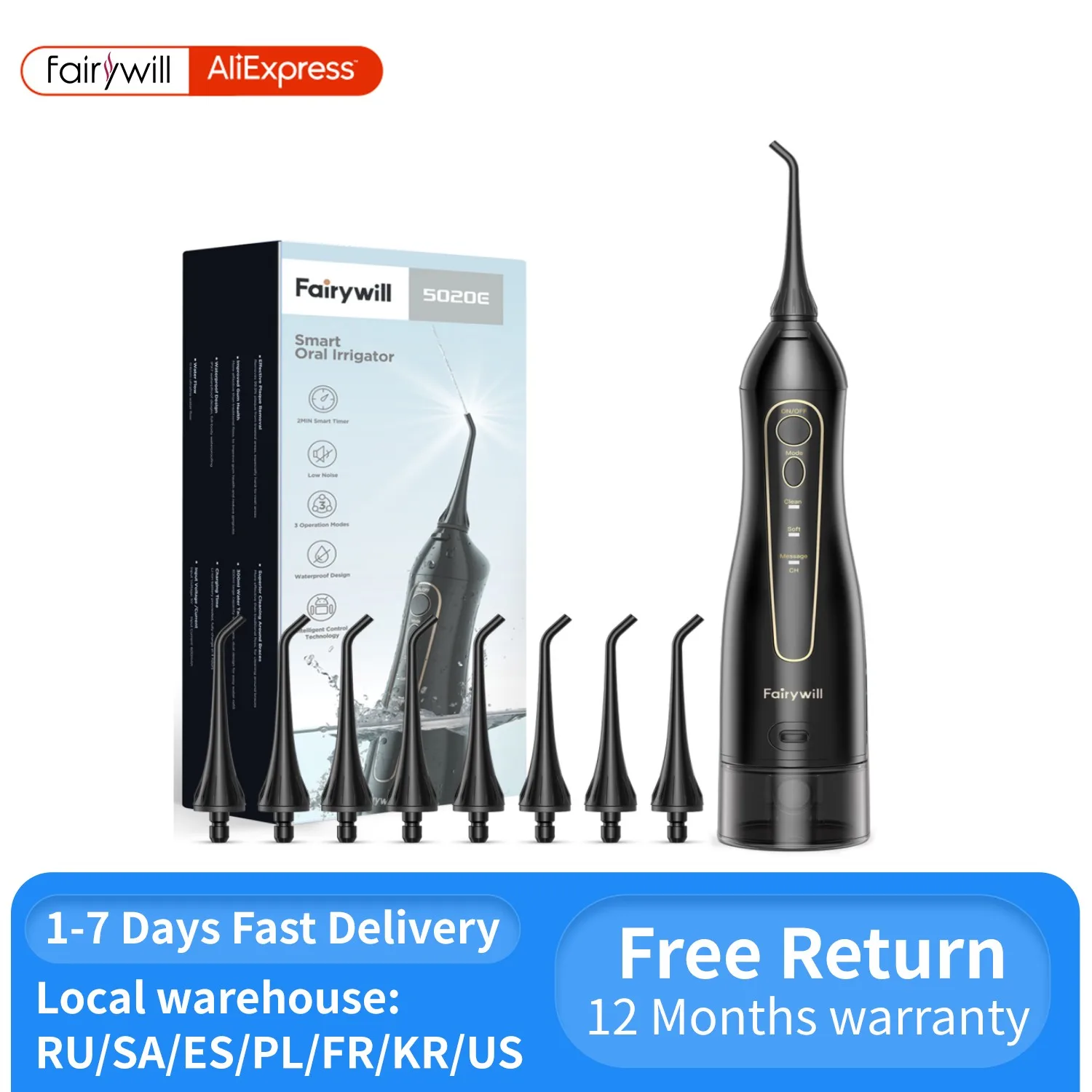 Fairywill Water Flossers for Teeth 300ML Oral Irrigator Rechargeable Portable Dental 3 Modes Water Tank Waterproof Teeth Cleaner