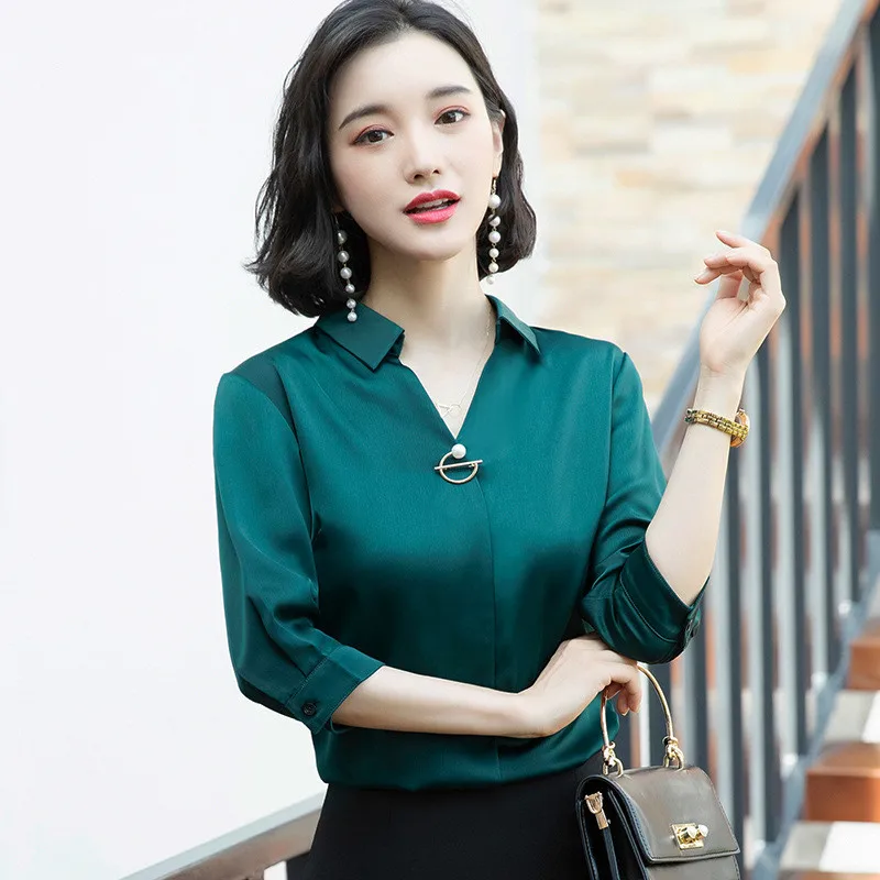 

New White Women's Shirt Short Sleeve V-neck Shine Office Lady Blouse Outfit Glossy Smooth Spring Summer Casual Shirts
