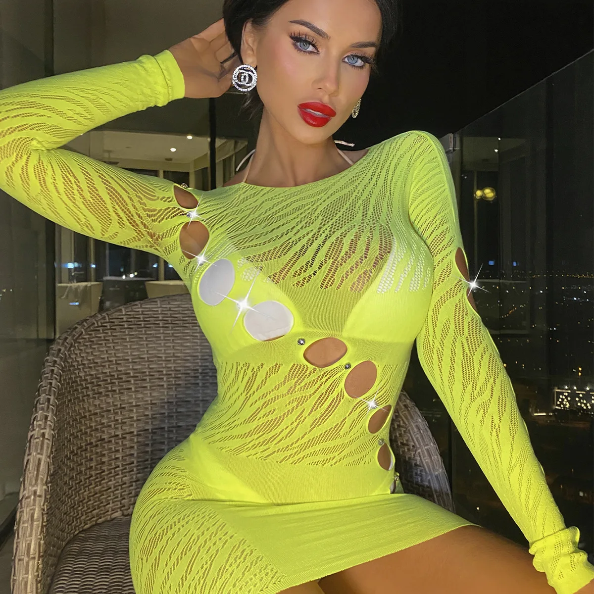 SKMY New Fashion Diamonds Hollow Out Sexy Perspective Long Sleeve Round Neck Bodycon Dress Clothes For Women Solid Color