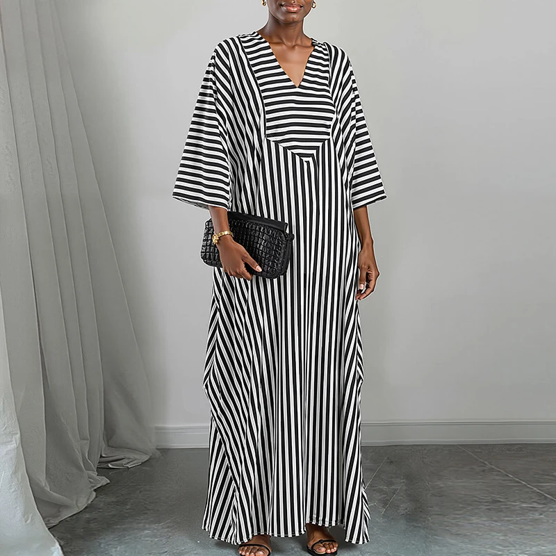 نمط طباعة السيدات الخامس الرقبة رداء فضفاض فستان عادية بأكمام طويلة عالية الخصر عطلة فستان أنيق الخريف البوهيمي فستان ماكسي #5