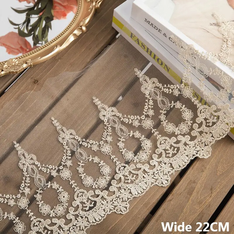 22CM Wide Tulle Mesh Golden Embroidered Lace Ribbon Garment Dress Fringe Trim Wedding Headveil Curtains DIY Apparel Sewing Decor