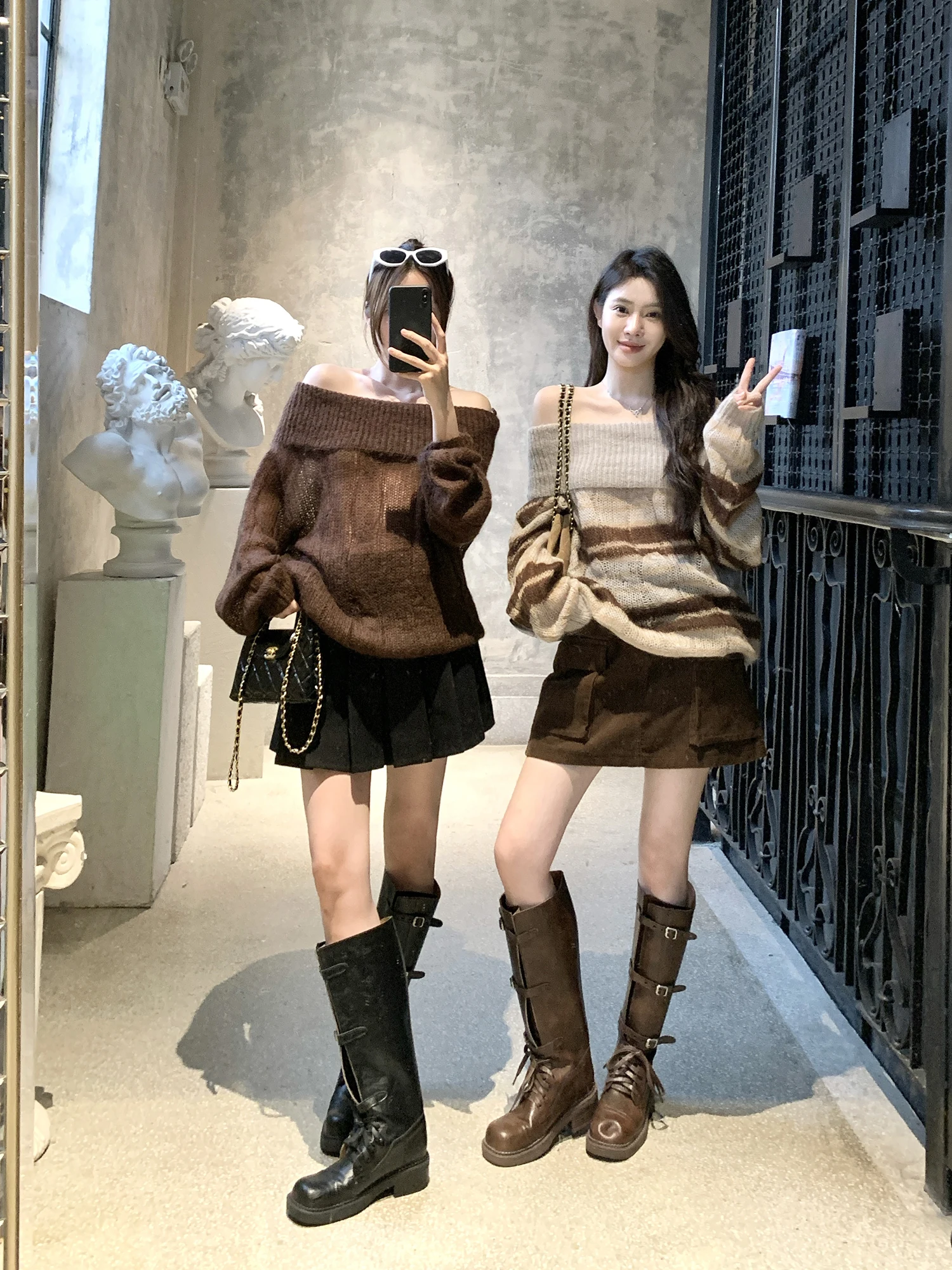 

ay oulder Bared Knitted Sweater Autumn Winter Loose Fit Korean Sle Lazy Sle Camere Long Sve Thermal Stripe Patte...