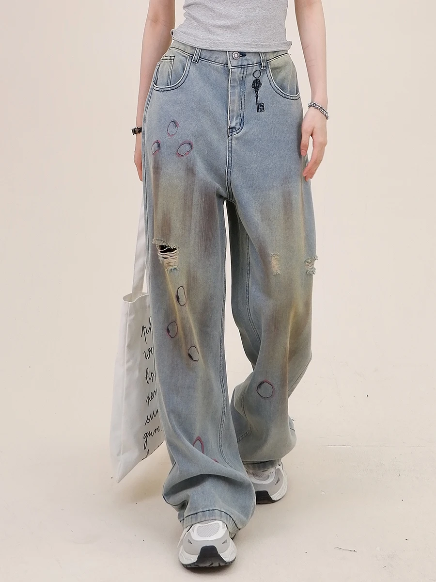 

Dirty Dyed Distressed Jeans for Women in Spring 2024, New Loose Fitting BF American Style High Street Retro Wide Legs