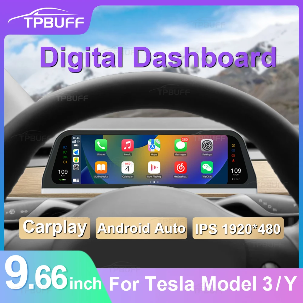 

TPBUFF Heads Up Display For Tesla Model 3 Y Digital Dashboard Carplay Android Auto 9.66 Inch IPS Screen Auto HUD Power Speed