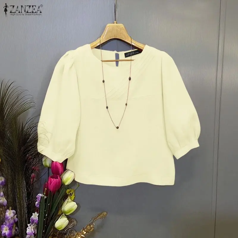 

ZANZEA Woman Elegant Pintuck Blouses O-Neck Half Puff Sleeve Solid Color Short Tops 2026 Spring Summer Casual Blusas de Mujer