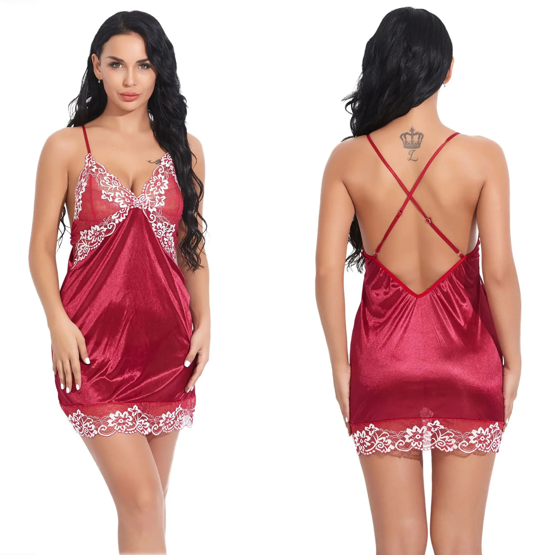Hot Sexy Womens Open Crotch Sleepwear V Neck Silk Nightdress Summer Sleeveless Sling Underwear Plus Size Lace Babydoll Sex Dress image 5