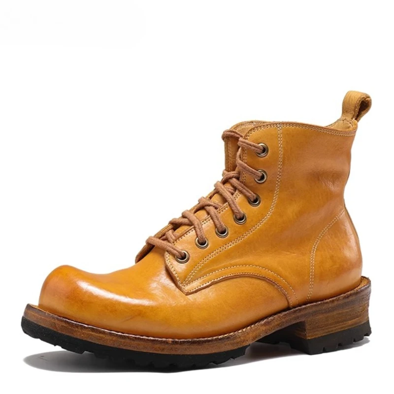 

Сшитые вручную ботильоны из ревеня, мужская обувь из натуральной кожи, уличные рабочие ботинки в стиле ретро, нескользящие износостойкие мотоциклетные ботинки