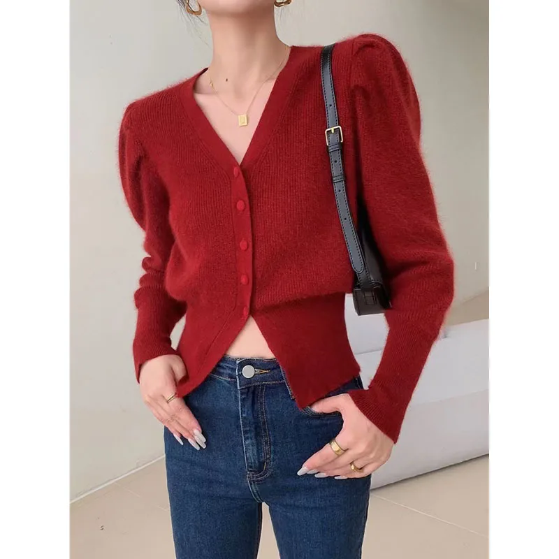 

Vintage V-neck Puffed Sleeve Knitted Cardigan Coat Women's New Autumn French Style Solid Color Sweater Slim-Fit Waist Short Top