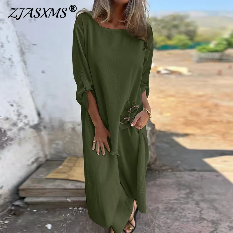 Robes for Women Loose Solid Leisure Set Retro O Neck Buckle Slit Long Top Pocket Pants Suit Spring Fall Long Sleeve Loose Outfit