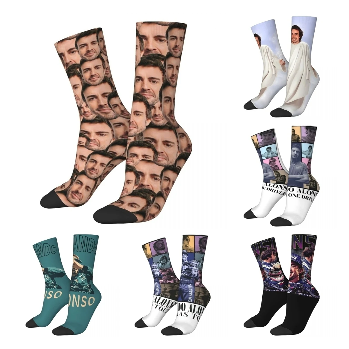 Men\'s Women\'s Fernando Alonso Head Socks Cotton Casual Funny Socks Crazy Merchandise Middle Tube Socks Little Small Gifts