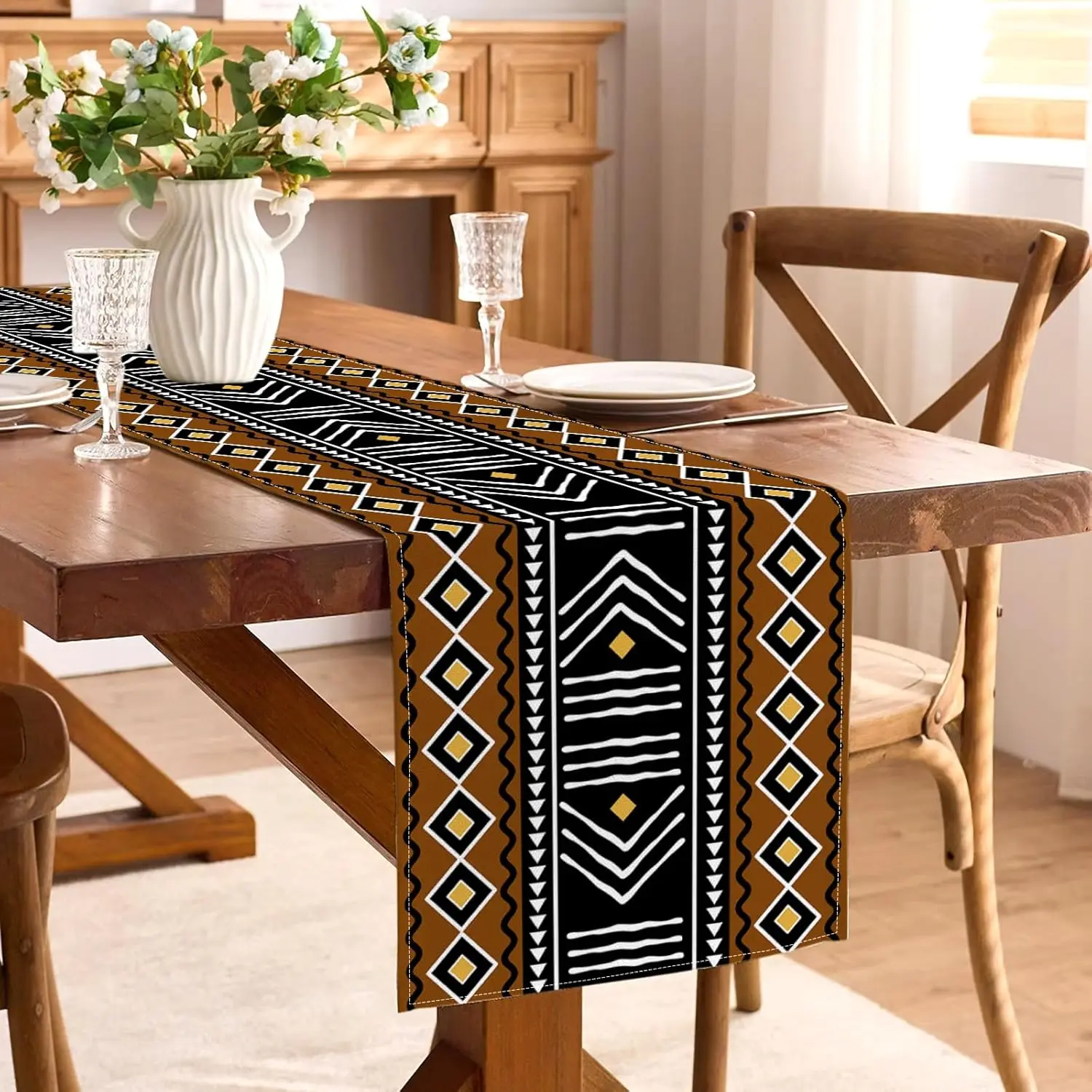 African Geometric Tribal Linen Table Runner Holiday Party Decor Reusable Kitchen  Dining Table Runner Wedding Decorations