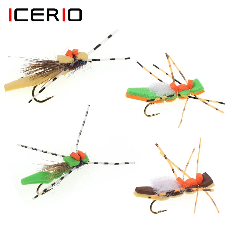 ICERIO 6PCS Fly Fishing Foam Grasshopper Dry Fly Rrubber Legs Deer Hair Floating Morrish Hopper Trout Bass Salmon Fishing Lures