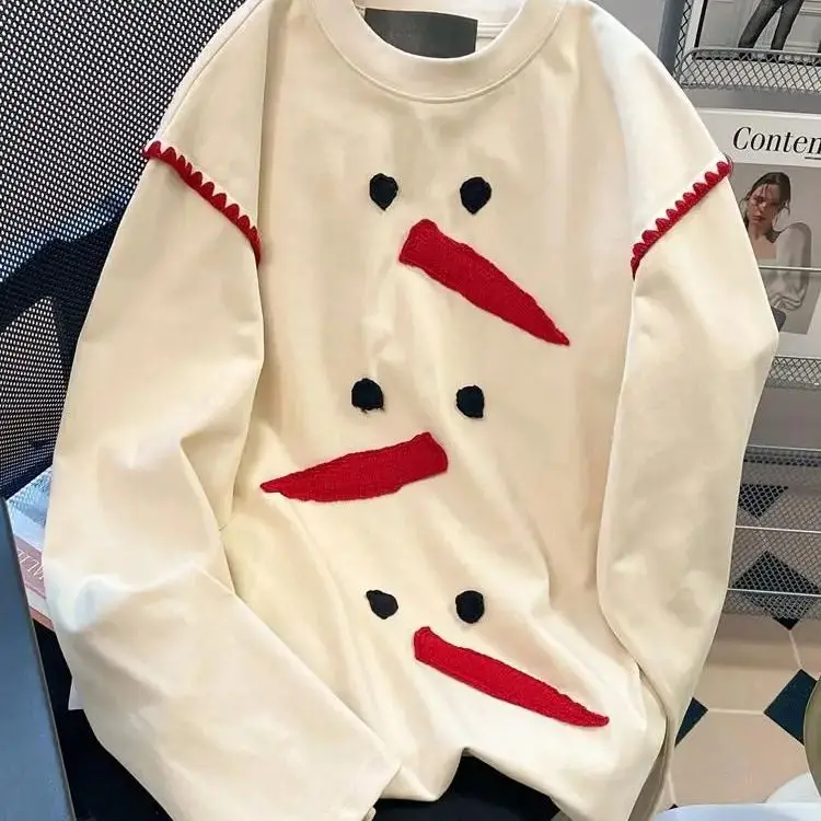 

Round Neck Snowman Embroidered Long Sleeve T-Shirt 2024 Autumn New Loose Slim Design Bottoming Shirt Top