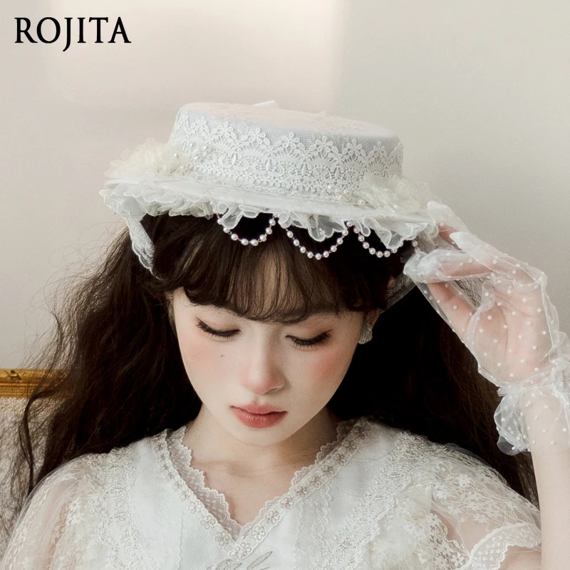 

Lolita Original Hat Women 2025 New Vintage Beaded Lace Stitching Elegant Flat Top Hat Japanese-style White Hat
