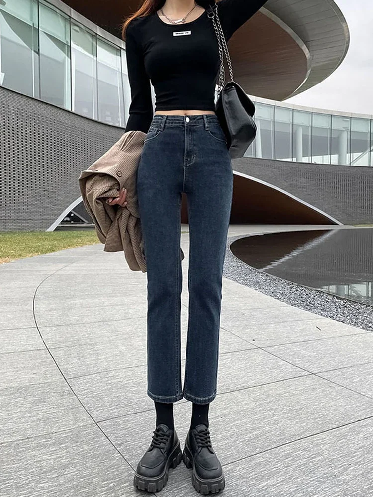 

Straight Jeans Women's Blue Gray Summer 2024 High-waisted Slim Cigarette Pipe Denim Pants for Girls Y2k Jeans Korean Fashion