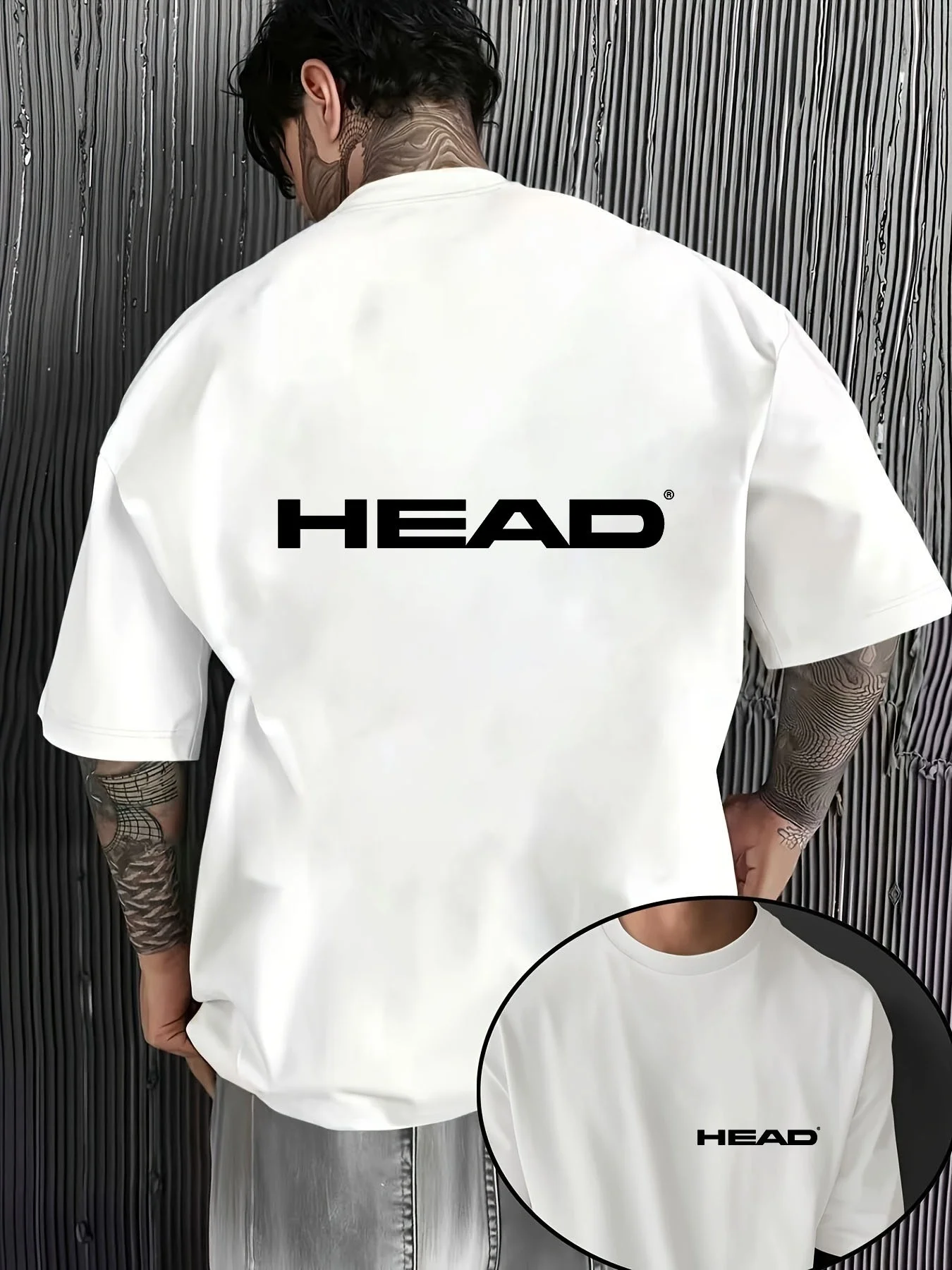 HEAD Men  Short Sleeve T‑Shirt Front & Back Logo Print Crew Neck Loose Drop‑Shoulder Tee Street Sports Top For Daily Workout