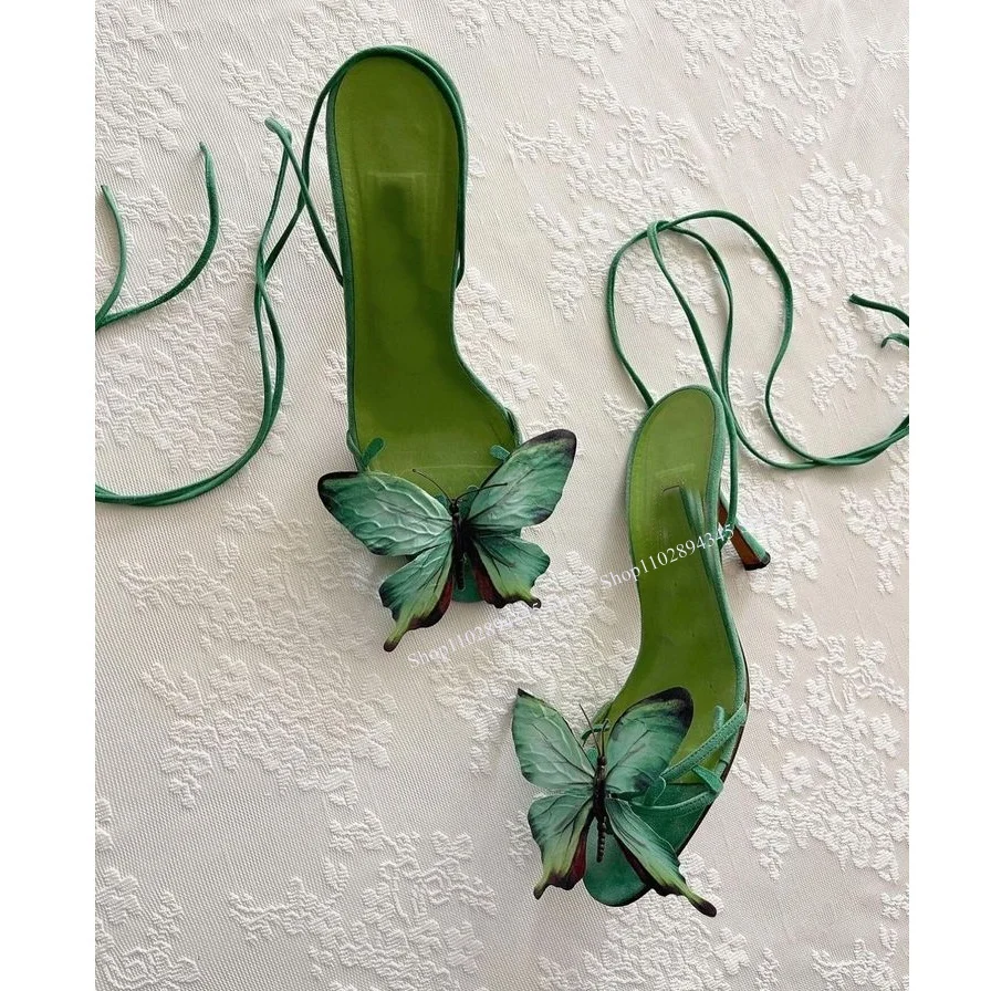 

Green Butterfly Twine Lace Up Sandals Peep Toe Thin High Heel Fashionable Cool Sexy Western Summer Woman Shoes Zapatillas Mujer