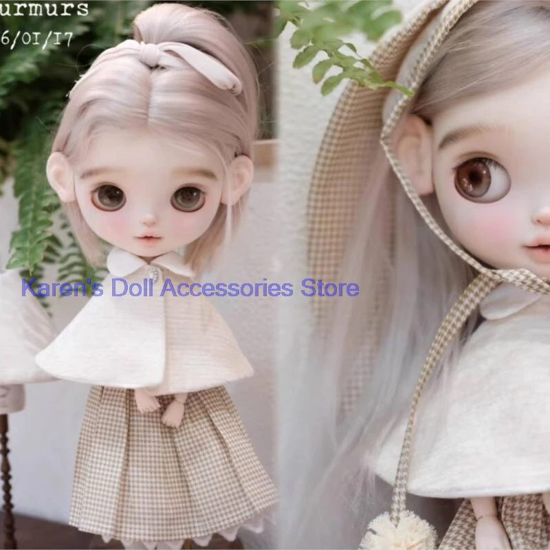 3pcs Adorable Socialite Style Blythe rabbit hat/Grid Dress/Chenille cloak(Fit for Lulu,ymy24,Ob22,24,26,zone, Jenny)